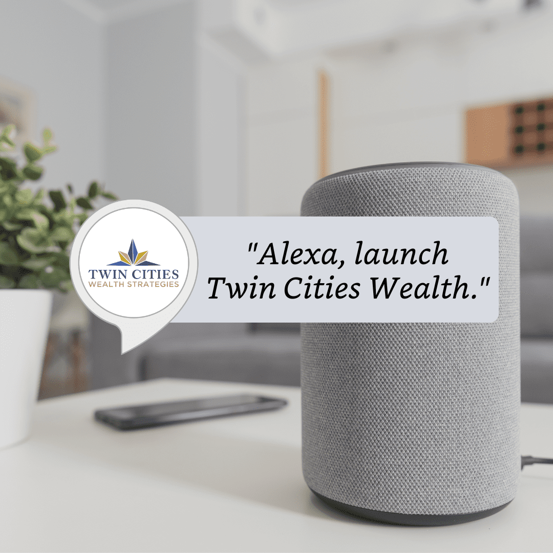 A modern smart speaker placed in a cozy living room environment with a command displayed for activating a financial service named 