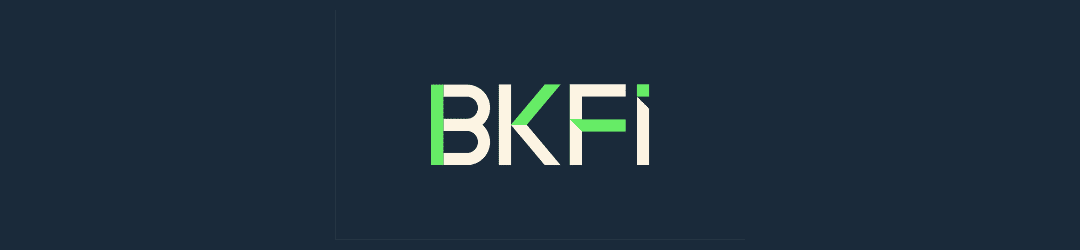 Modern and minimalistic logo with the letters 'bkfi' in a bold, fragmented design, set against a dark blue background.
