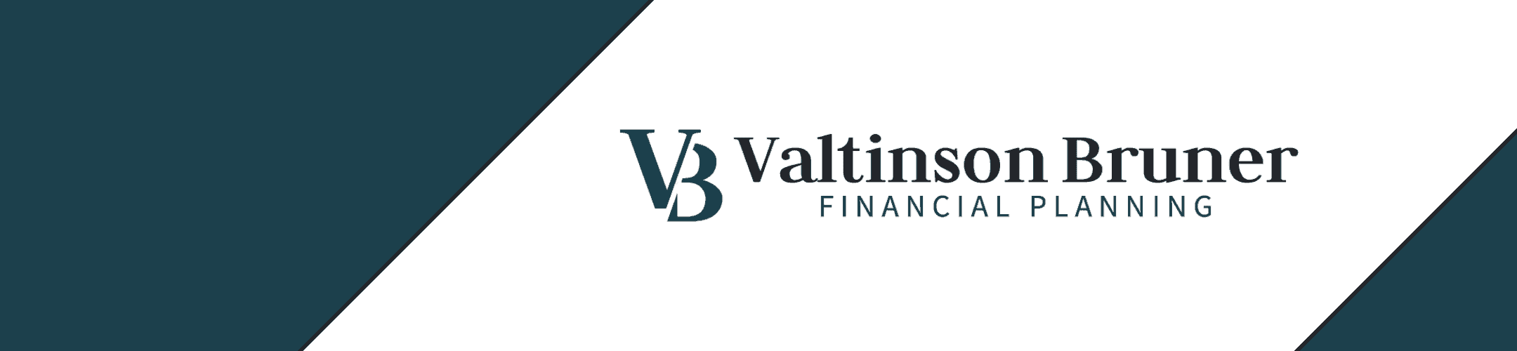 Elegant corporate banner for 'valtinson bruner financial planning' with a sleek design featuring a dark teal backdrop and a dynamic white diagonal divide.