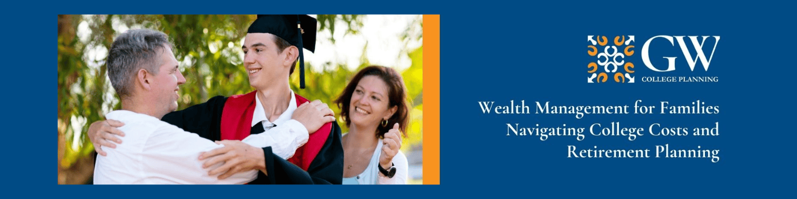 A young man in graduation attire joyfully hugs an older man and woman. The text beside them reads, 