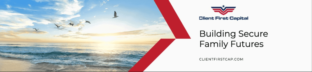 A serene coastal scene with birds flying over the ocean at sunrise is shown on the left. To the right, the Client First Capital logo appears above the text 