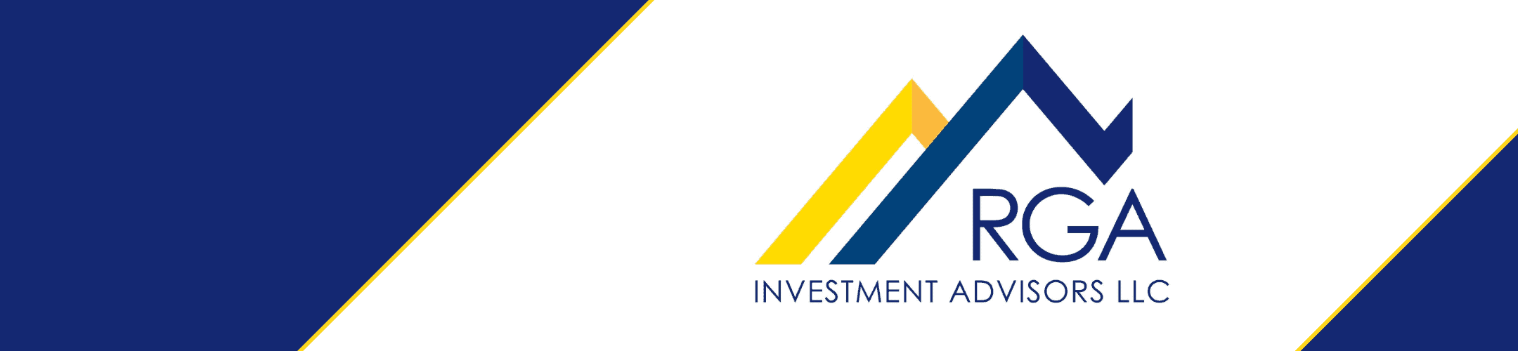 Logo for RGA Investment Advisors LLC features two stylized overlapping mountain peaks, one in yellow and the other in blue, with the company name written below in blue uppercase letters. The background is white with diagonal blue sections on the left and right sides.