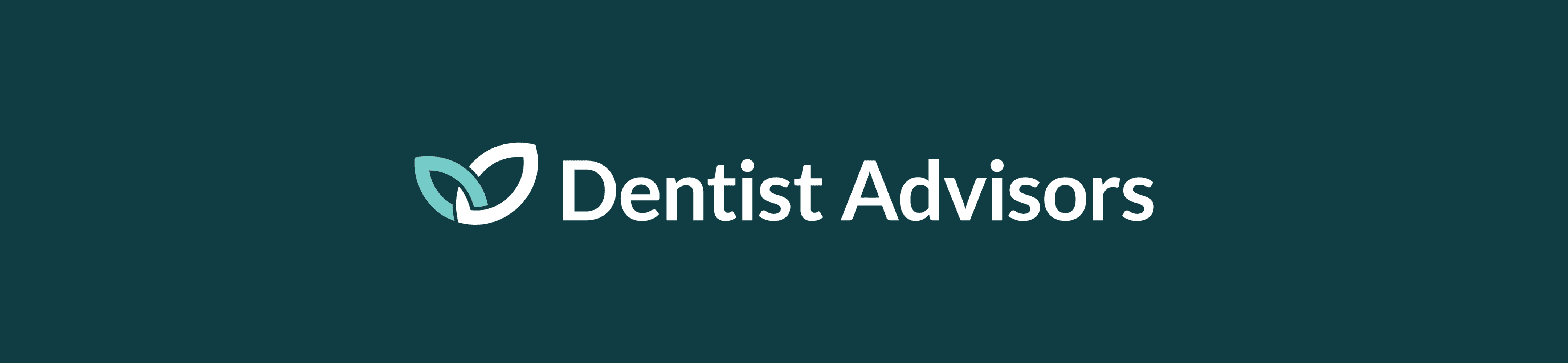 Logo for Dentist Advisors on a dark teal background. The logo includes an abstract design of two leaves in light teal and white on the left, with the text 