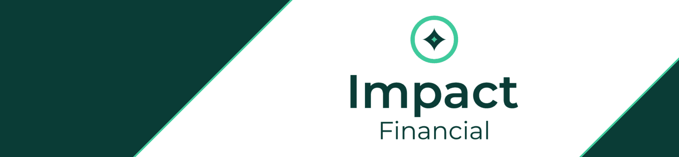Logo for Impact Financial featuring a stylized star icon inside a circle above the company name in bold, modern font. The background is split diagonally with dark green and white sections.