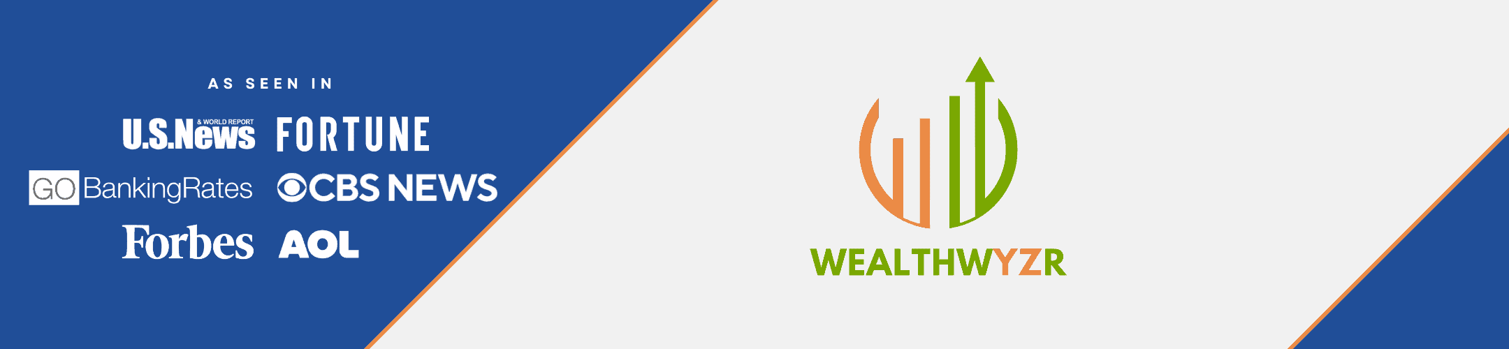 A white banner featuring the WEALTHWYZR logo with orange and green upward arrows. On the left, it lists media outlets: U.S. News, Fortune, GO BankingRates, CBS News, Forbes, and AOL, under the heading 