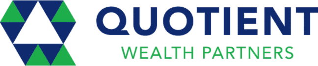 The image features the logo of Quotient Wealth Partners, consisting of a geometric emblem made of blue and green triangles forming a star-like shape, alongside the company name in bold letters.