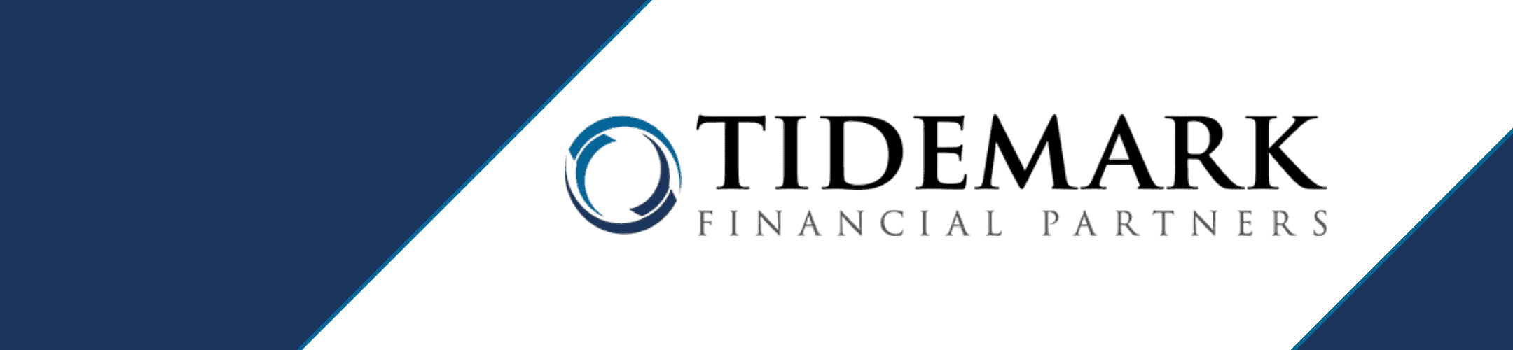 Logo for Tidemark Financial Partners. It features a circular wave design in blue next to the company's name, set against a white background with blue diagonal borders.