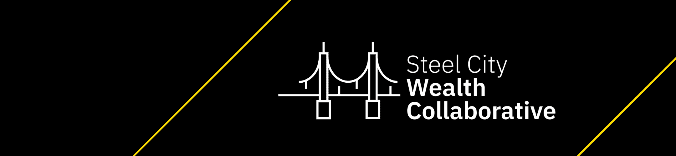 Logo for Steel City Wealth Collaborative on a black background, featuring a white line illustration of a suspension bridge, with two diagonal yellow lines at the top left and bottom right.