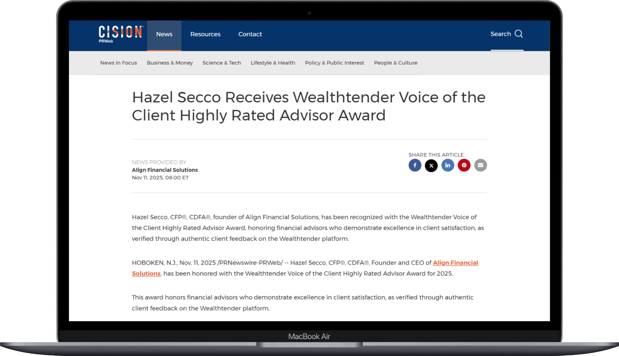 A laptop screen displays a news article titled "Hazel Secco Receives Wealthtender Voice of the Client Highly Rated Advisor Award" on the Cision PR Newswire website.