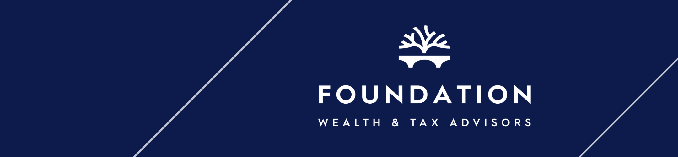Dark blue background with diagonal white lines. Centered white logo of a stylized tree on a bridge above the text “FOUNDATION” and below it, smaller text reads “WEALTH & TAX ADVISORS.”.