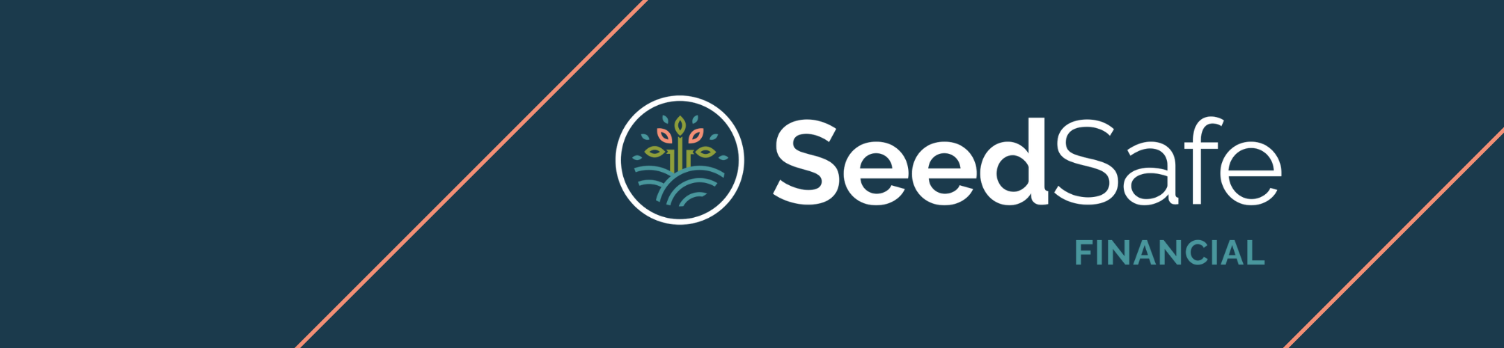 Logo and text for SeedSafe Financial on a dark teal background with thin diagonal orange lines. The logo features a circular design with stylized plants and waves.