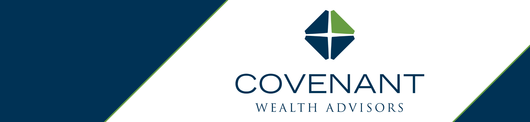 Logo for Covenant Wealth Advisors with a geometric blue and green icon above the company name on a white background bordered by diagonal blue and green lines.