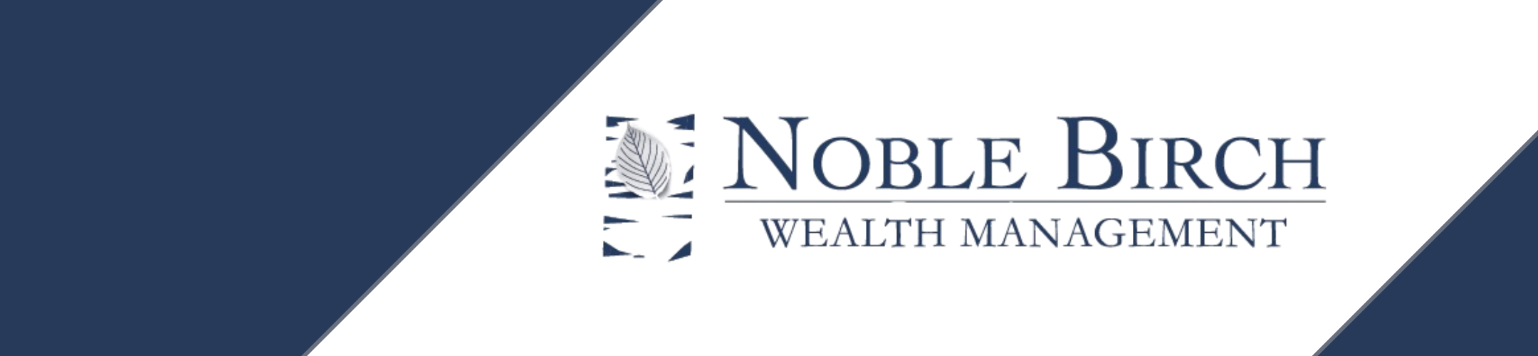 Logo for Noble Birch Wealth Management with a stylized birch leaf inside a square on the left, and company name in blue text on a white and dark blue geometric background.
