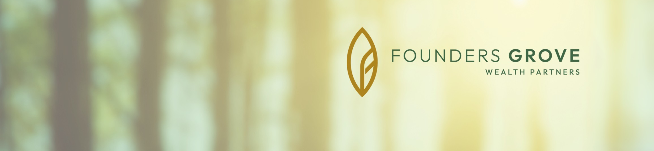 Logo for Founders Grove Wealth Partners with a stylized leaf design and text on a blurred background of tall trees and sunlight.