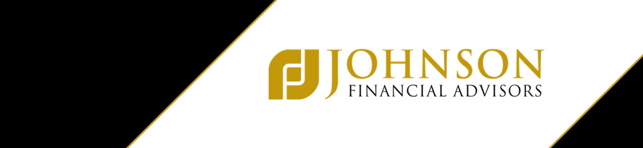 Logo for Johnson Financial Advisors on a white and black diagonal split background, featuring gold and black text with a gold geometric emblem to the left of the company name.