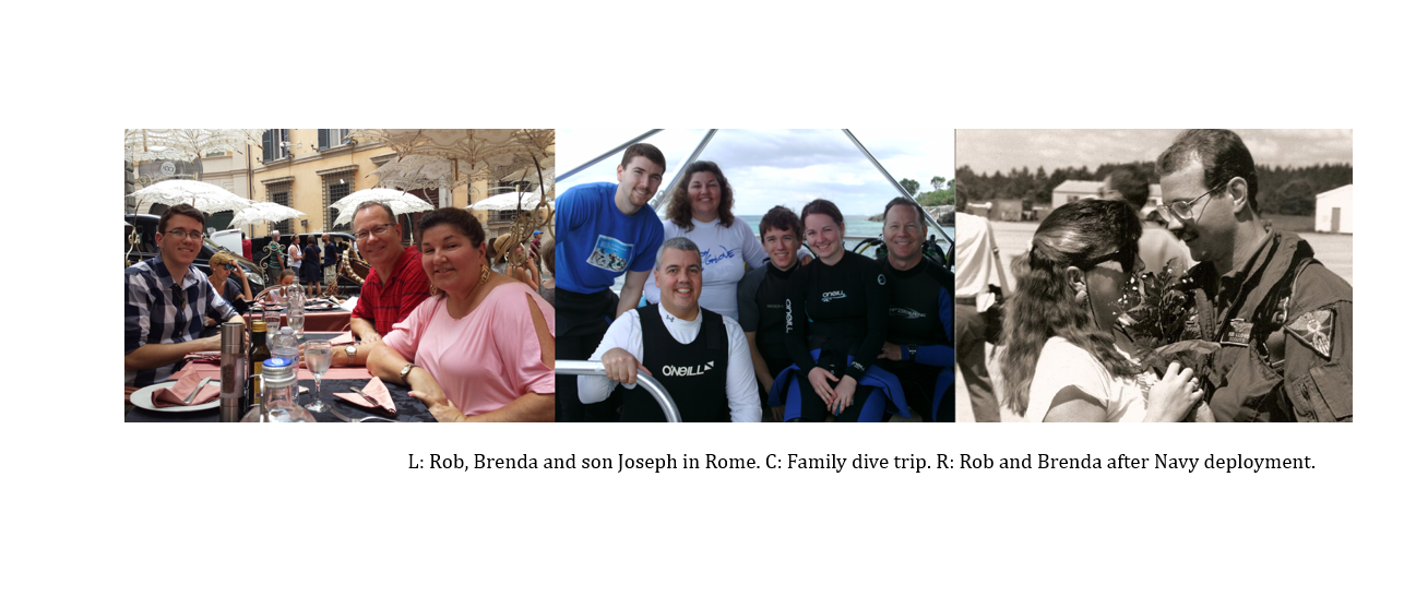 Three photos: Left, a family of three dining outdoors at a restaurant; center, a group in wetsuits posing on a boat; right, a woman hands flowers to a man in Navy uniform, both smiling.