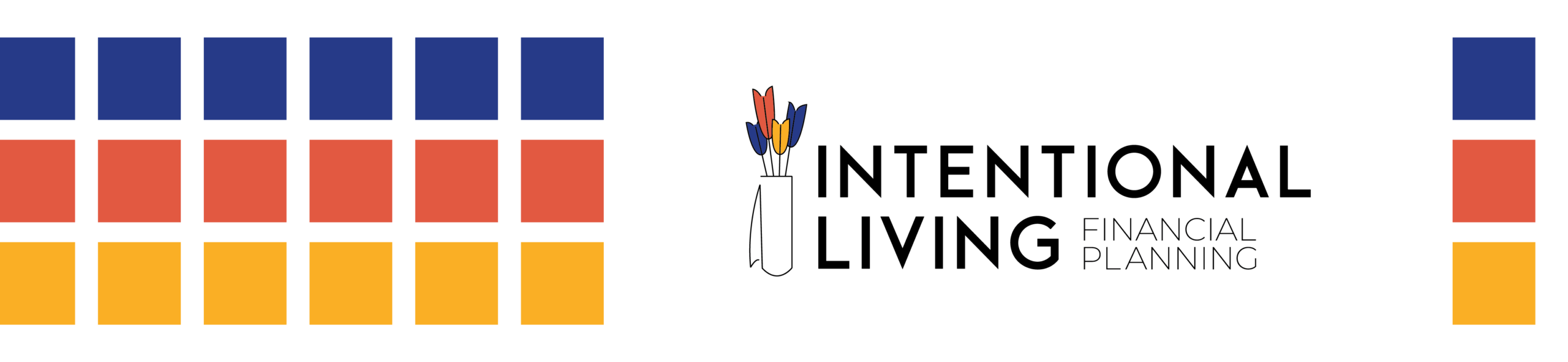 A logo for Intentional Living Financial Planning with a vase holding blue, orange, and yellow flowers, flanked by geometric blue, orange, and yellow squares on each side.