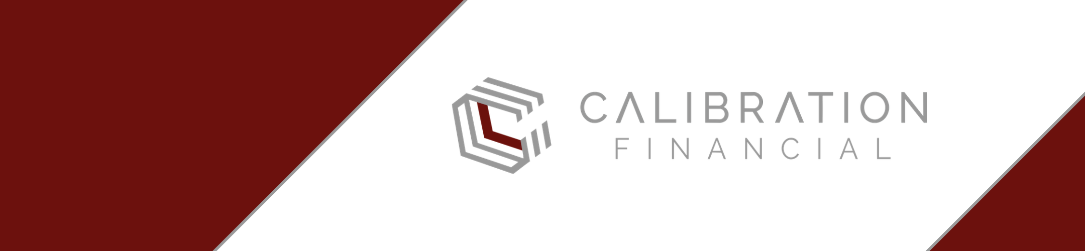 Logo for Calibration Financial featuring a geometric hexagon design with interlocking grey and maroon lines, next to the company name in grey text on a white background with maroon diagonal borders.