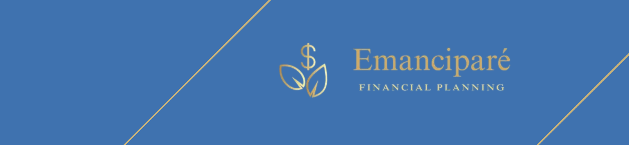 A blue banner with gold diagonal lines features a gold dollar sign sprouting from leaves next to the text 