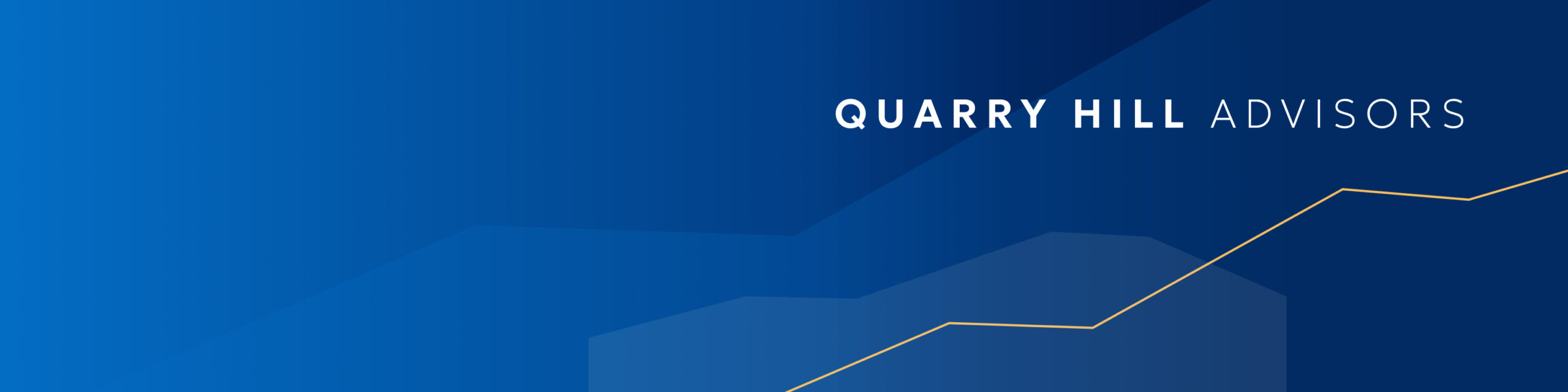 A blue background with geometric shapes, a rising yellow line graph, and the text 