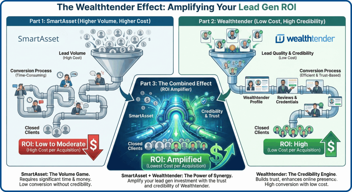 Infographic comparing lead generation ROI: SmartAsset yields high volume, low-moderate ROI; Wealthtender yields high-quality leads, high ROI; combining Wealthtender with SmartAsset boosts credibility, trust, and amplifies ROI with efficient conversions.
