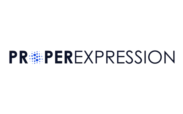 The image displays the text "PROPEREXPRESSION" in uppercase letters, with the "O" in "PROPER" replaced by a blue, dotted circular pattern. The text is centered on a light background.