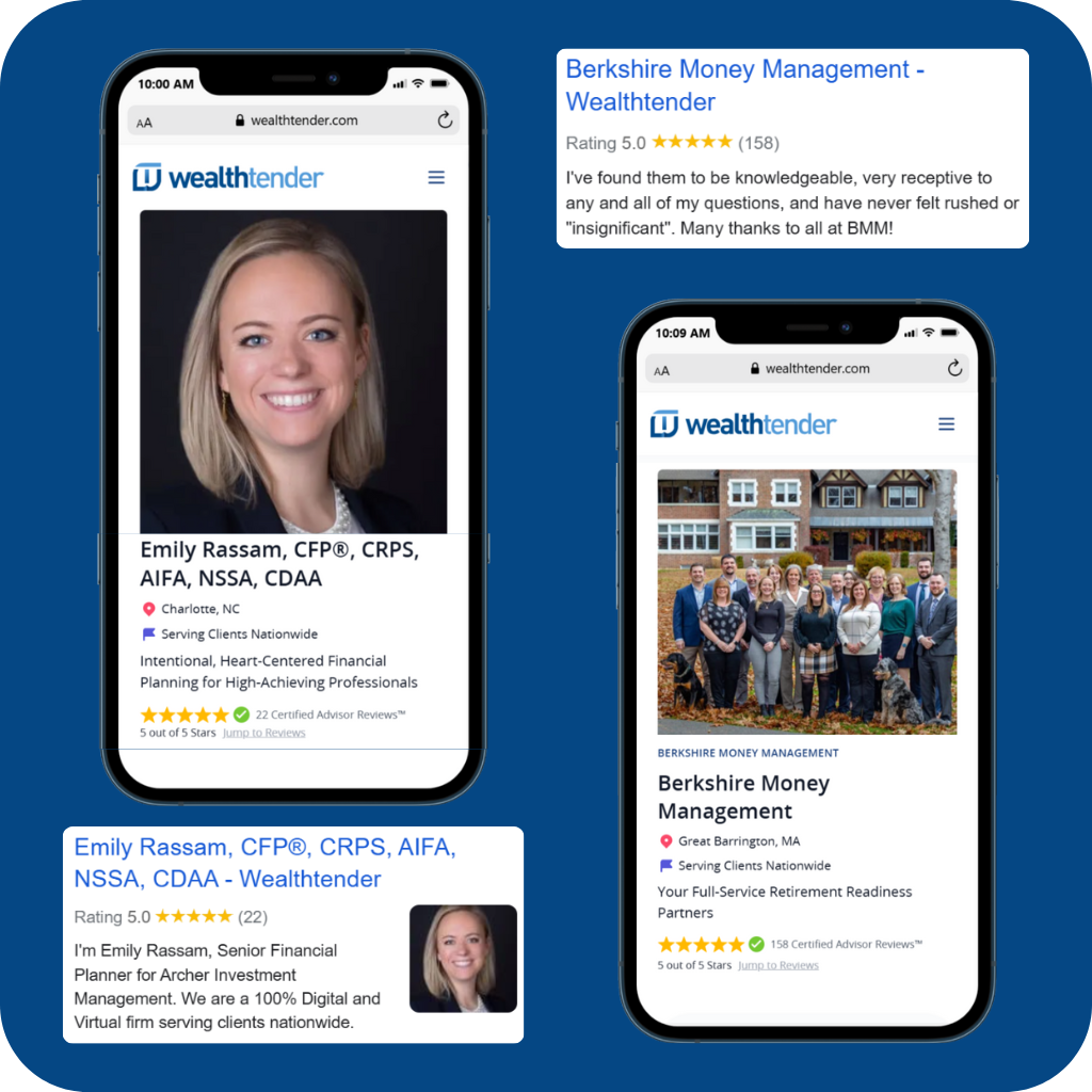 A collage shows two smartphones displaying Wealthtender profiles, one for Emily Rassam and one for Berkshire Money Management, along with a web review and group photo of the Berkshire Money Management team.