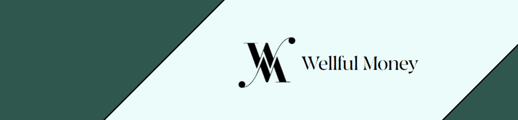 Diagonal design with a dark green and light blue background. In the center, there is a black 