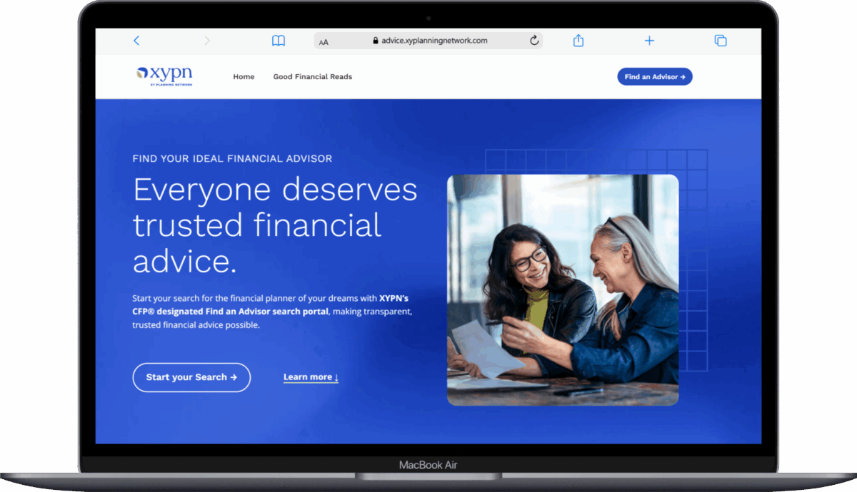 Screenshot of a financial advisor website showing two women smiling over documents, with text: “Everyone deserves trusted financial advice.” Buttons read “Start your Search” and “Learn more.” The XY Planning Network logo is at the top left.