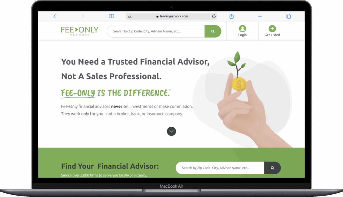 A laptop screen displays a website for Fee-Only Network, featuring a hand holding a plant with a coin, and text promoting finding a trusted financial advisor who is not a sales professional.