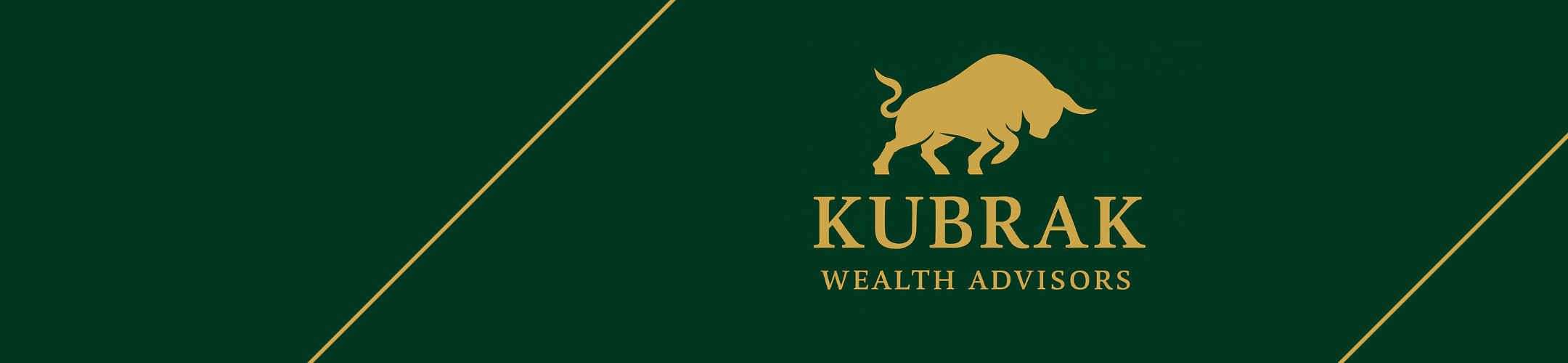 Dark green banner with gold diagonal lines. In the center, a gold bull icon appears above the text 