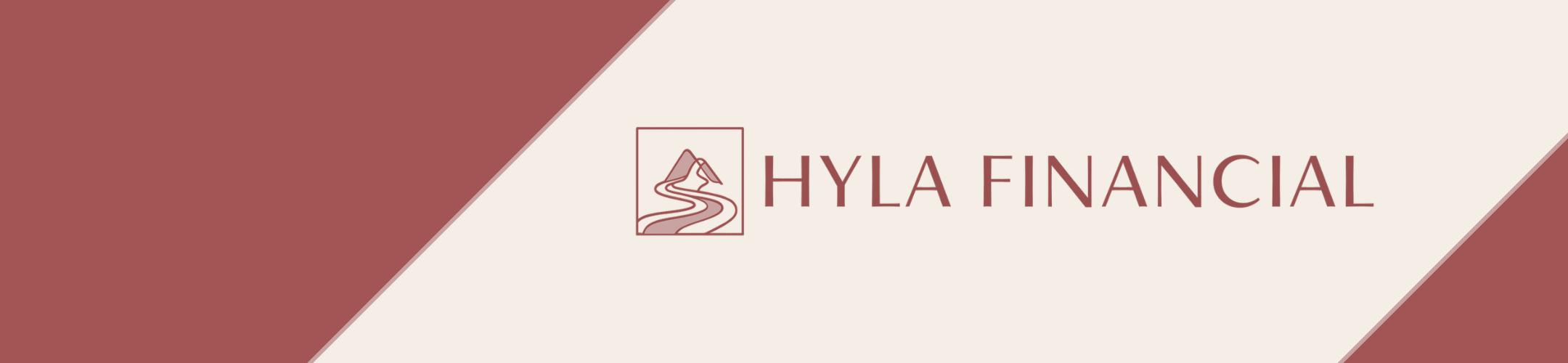 A minimalist logo for Hyla Financial features a stylized mountain and winding path inside a square, with the company name in uppercase letters on a two-tone maroon and cream background.