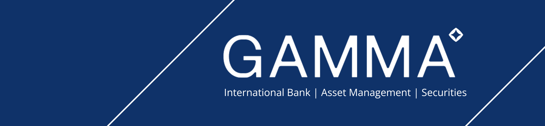 Logo for GAMMA on a dark blue background with white diagonal lines. Below the name, it reads: 