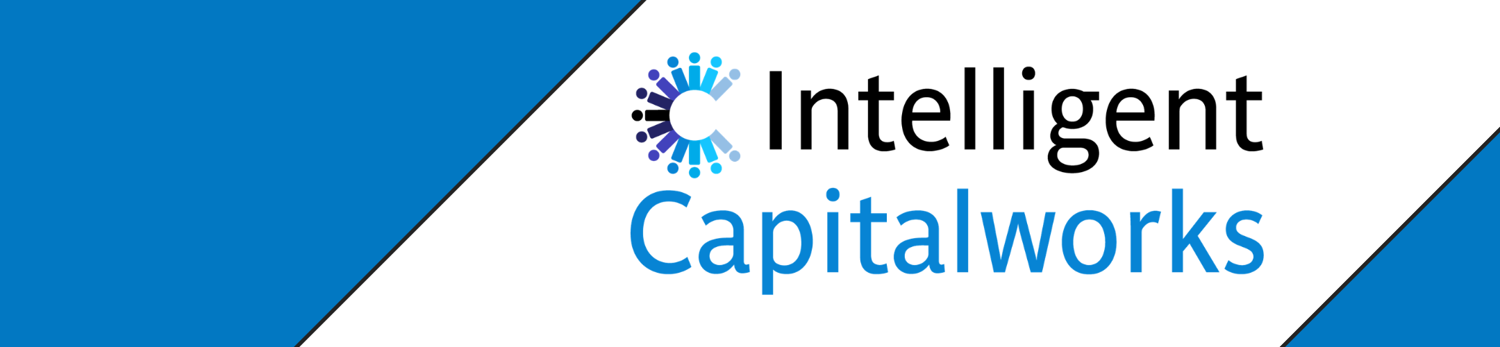 Logo for Intelligent Capitalworks featuring a circular, abstract icon with blue and purple elements, and the company name in black and blue text on a white background with blue diagonal borders.