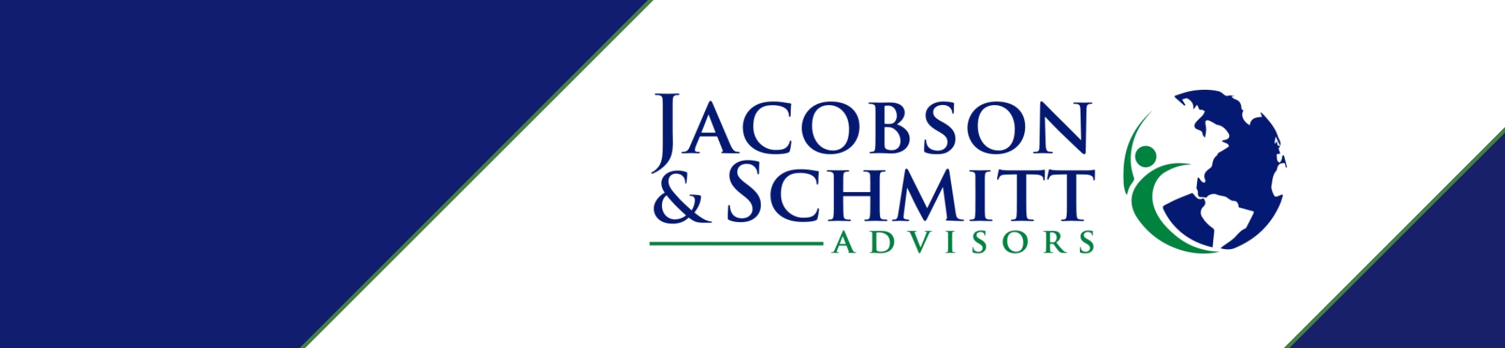 Logo for Jacobson & Schmitt Advisors featuring the company name in blue and green text, with a stylized globe and person graphic on a white background with blue border accents.