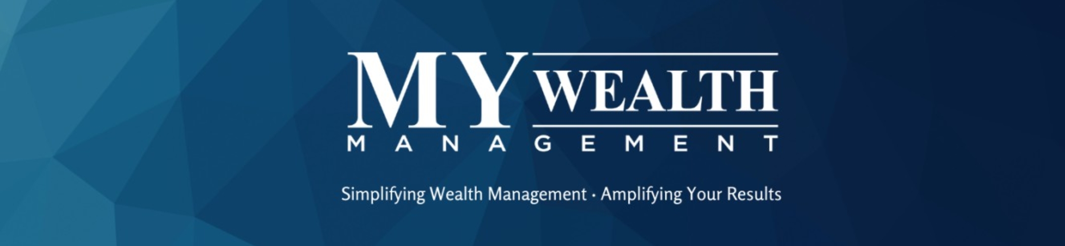 Logo for MY Wealth Management on a blue geometric background, with the tagline 