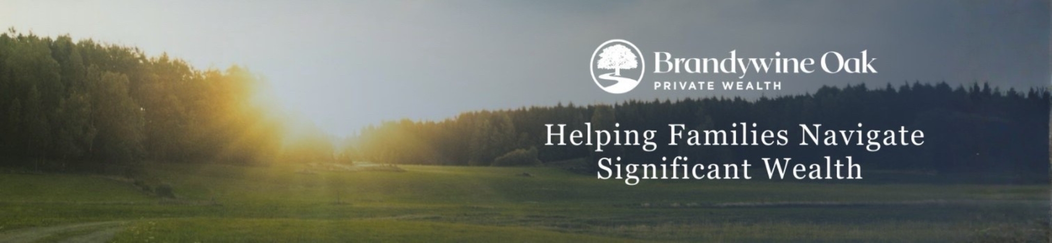 A sunrise over a green field with trees in the background. The Brandywine Oak Private Wealth logo and the text “Helping Families Navigate Significant Wealth” appear on the right.