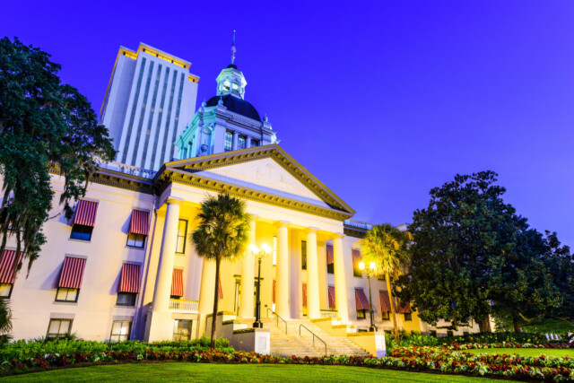 A historic white building with columns and a dome, surrounded by palm trees and gardens, is lit up at dusk under a deep blue sky.